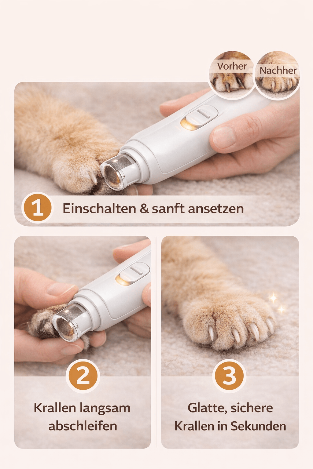 einfache anwendung des clawbuddy krallenschleifers für hunde und katzen